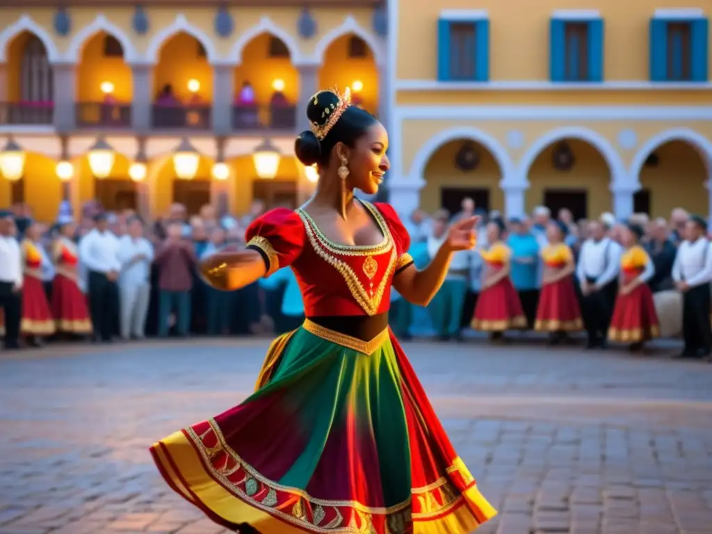 Presentación de danzas tradicionales en plaza animada, con bailarines vistiendo trajes elaborados, moviéndose al ritmo de música en vivo