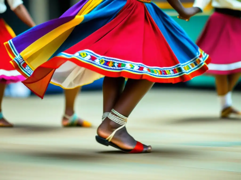 Un primer plano de los ágiles pies de un bailarín tradicional en movimiento, mostrando la precisión y agilidad en danzas tradicionales