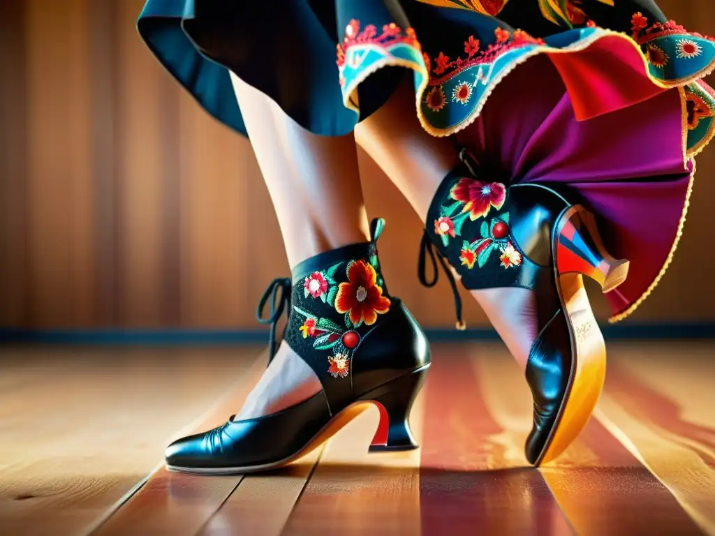 Un primer plano detallado de los pies de una bailaora de flamenco, con zapatos coloridos adornados con encaje, zapateando en un escenario de madera