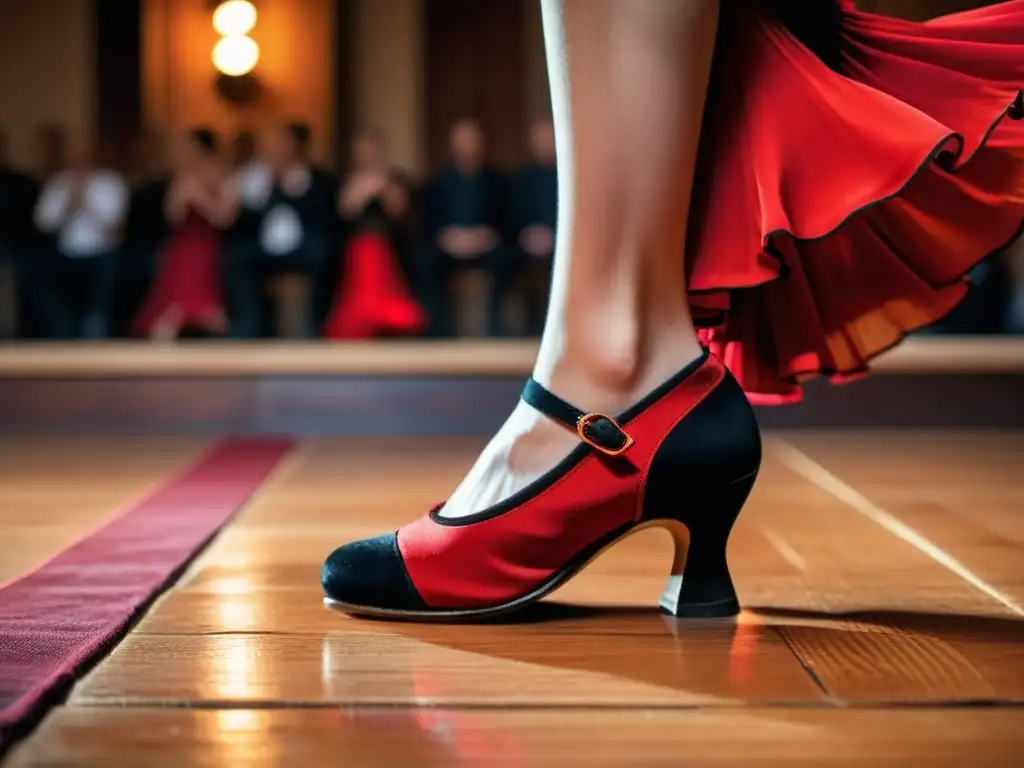 Un primer plano de los pies de una bailaora de flamenco con zapatos tradicionales, danzando con pasión en un escenario de madera