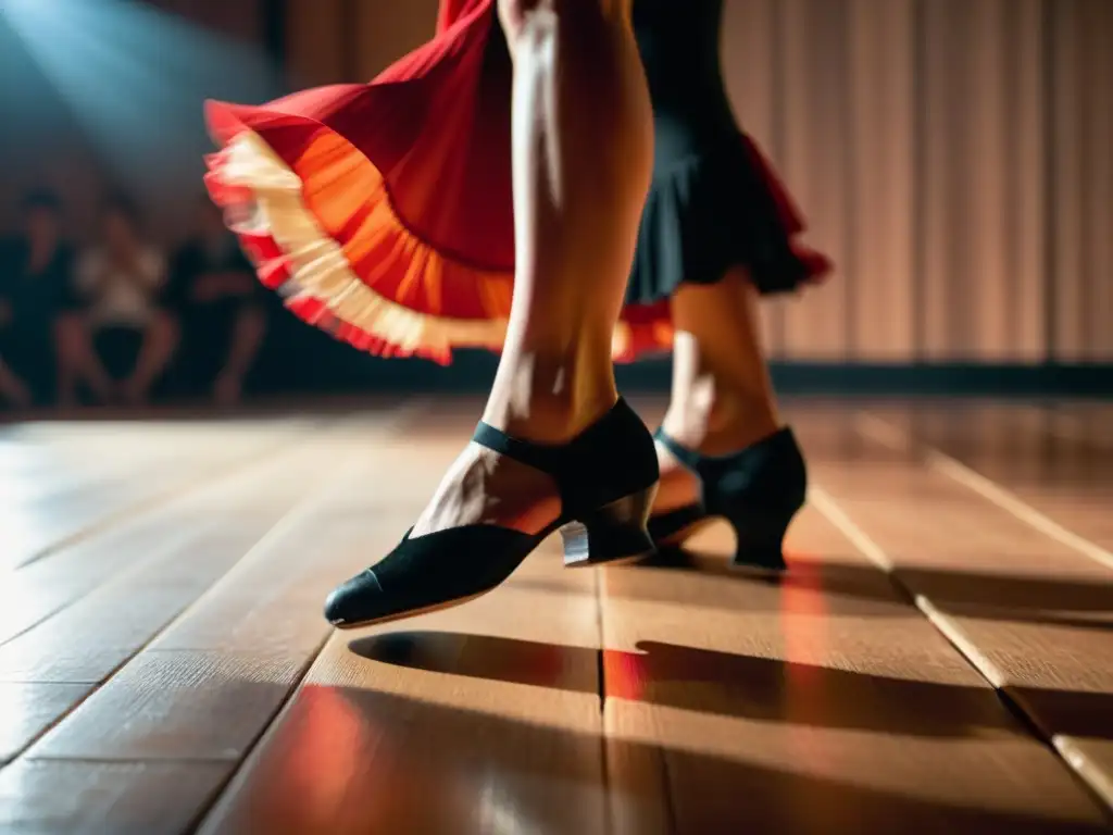 Un primer plano de los pies de una bailaora de flamenco, marcando el ritmo con pasión en un escenario de madera