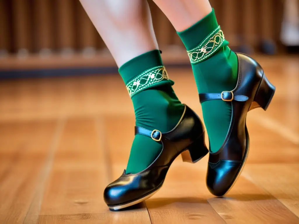 Un primer plano de los pies de un bailarín realizando técnica de step dance irlandés en un escenario de madera desgastado, evocando pasión y destreza