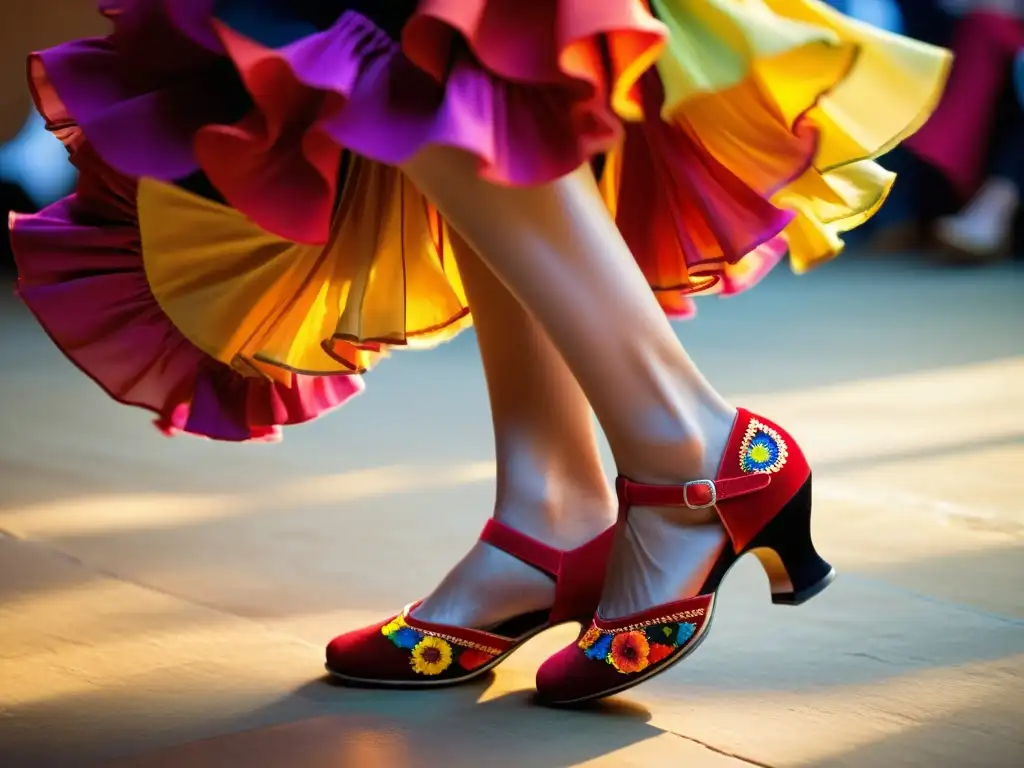 Un primer plano de los pies de una bailarina de flamenco con zapatos llamativos y expresivos