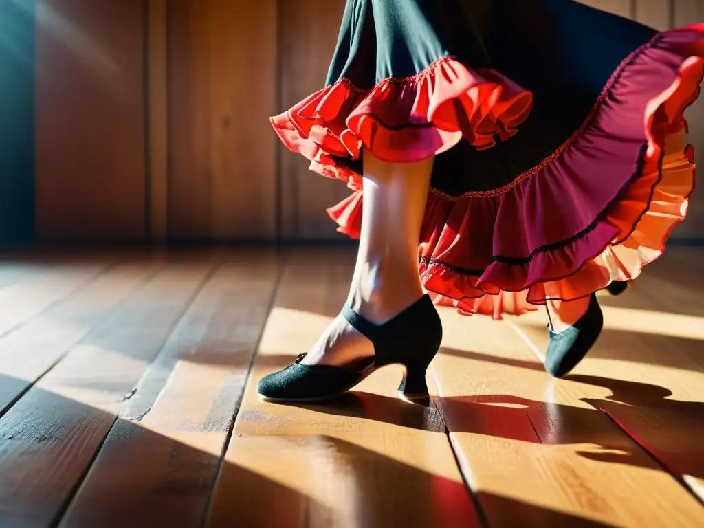 Un primer plano de los pies de una bailarina de flamenco en el escenario, capturando la pasión y la importancia de las suscripciones de danza