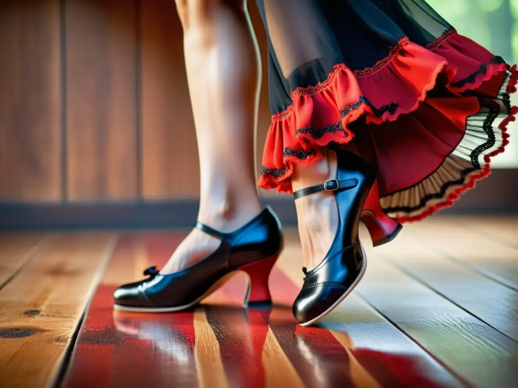 Un primer plano de los vibrantes zapatos de flamenco rojos y negros de una bailarina, en pleno baile en un escenario de madera