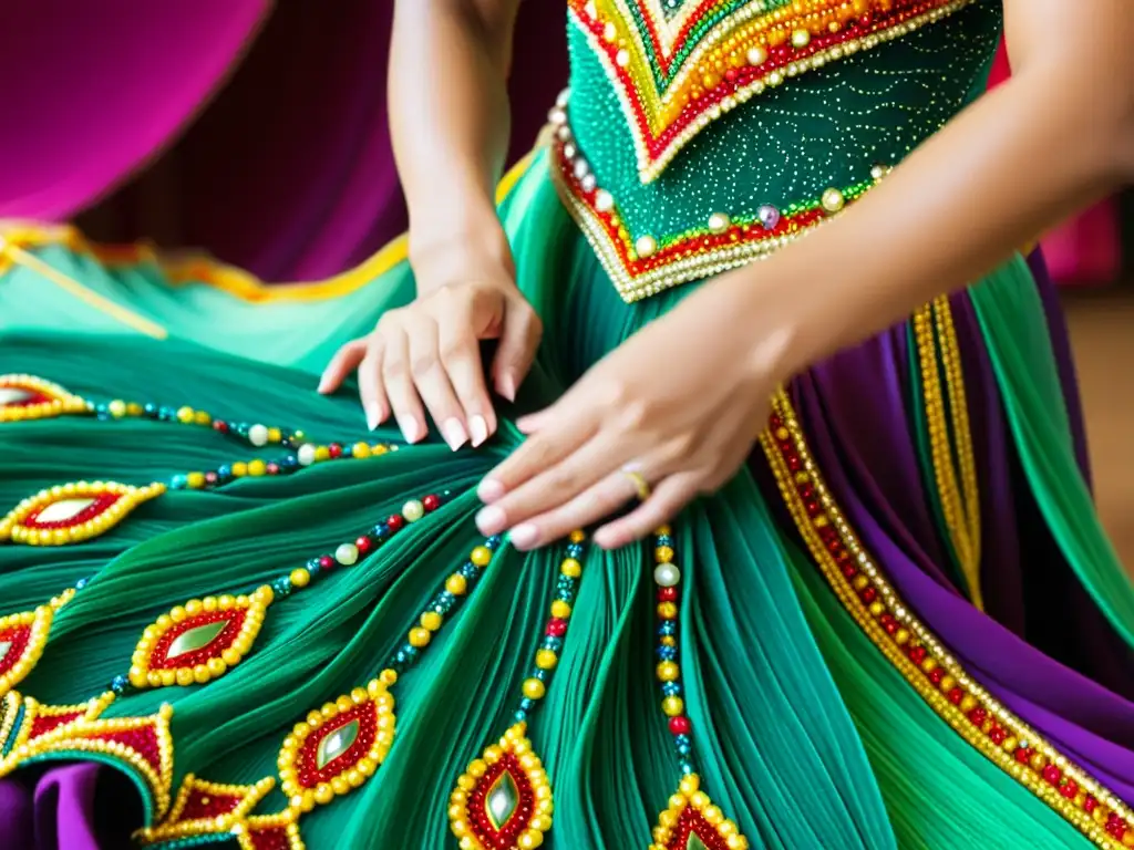 Proceso creativo diseño vestuario danza: Diseñador de vestuario cosiendo a mano detalles brillantes en traje de baile vibrante