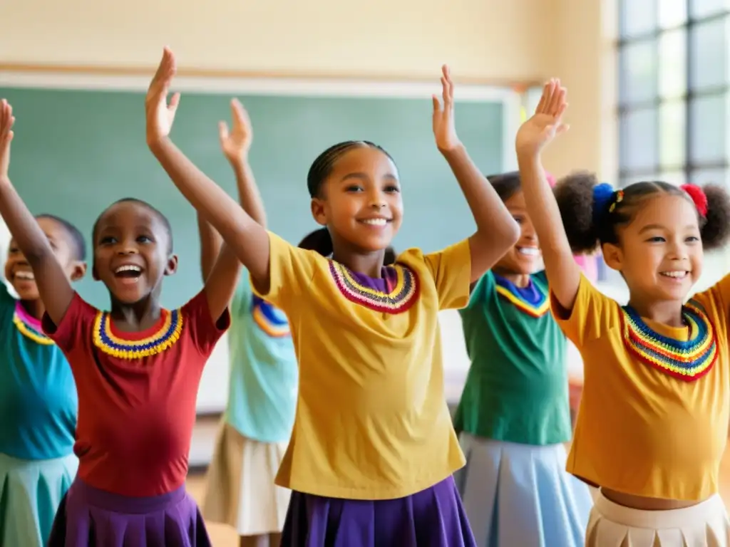 Profesora de danza tradicional lidera alegremente a niños con trajes coloridos en aplicaciones educativas de danza tradicional