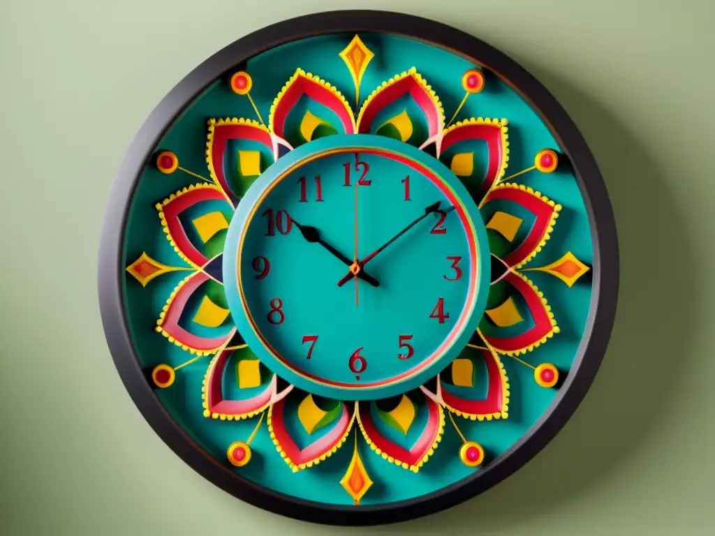 Reloj de pared con decoración temática de danzas tradicionales, reflejos de luz y ambiente cálido