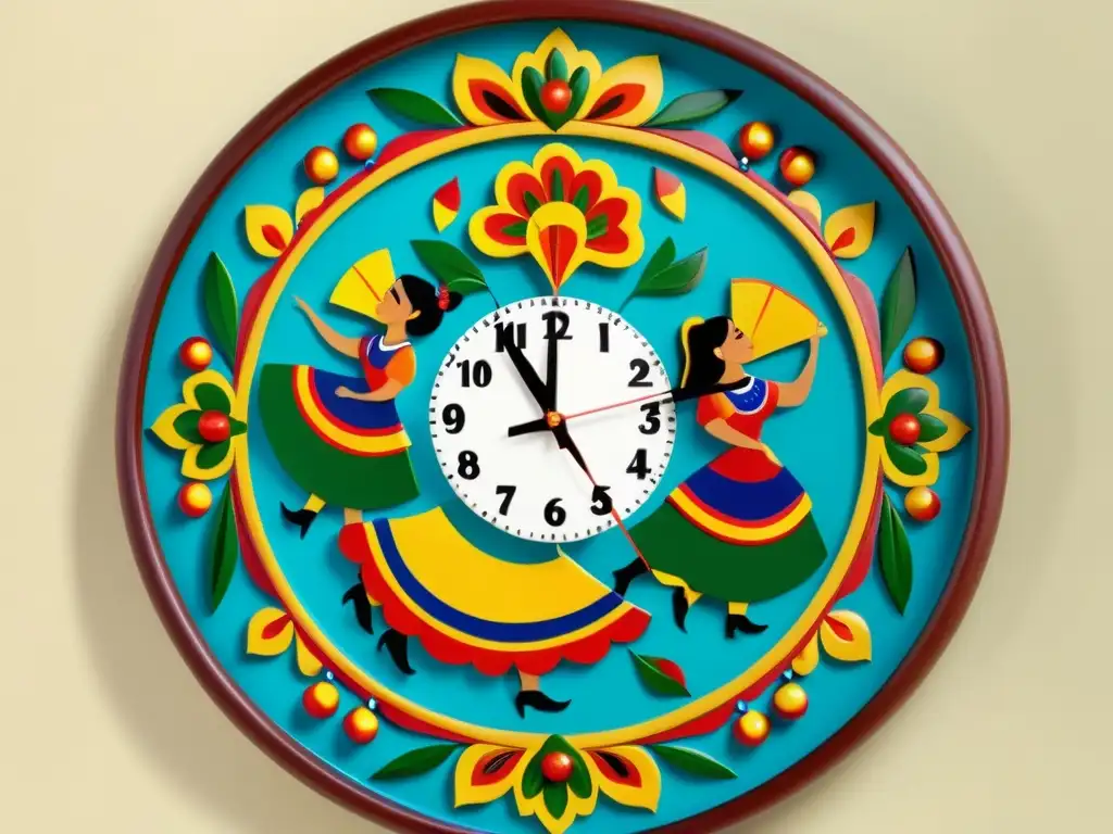 Reloj de pared temático con danzas tradicionales mexicanas, detalle artesanal vibrante y colorida decoración