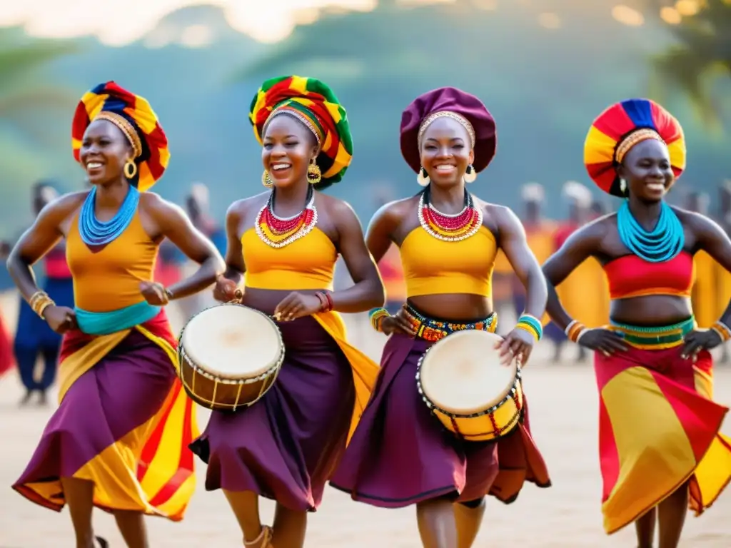 Renacimiento de la danza tradicional africana: Grupo de danza africana bajo el cielo abierto, vistiendo trajes tradicionales coloridos mientras celebran con pasión y alegría al ritmo de los tambores al atardecer