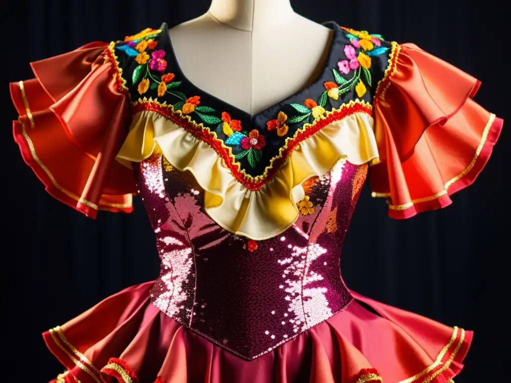 Una réplica detallada de un traje de bailarina de flamenco exhibe bordados intrincados, colores vibrantes y volantes