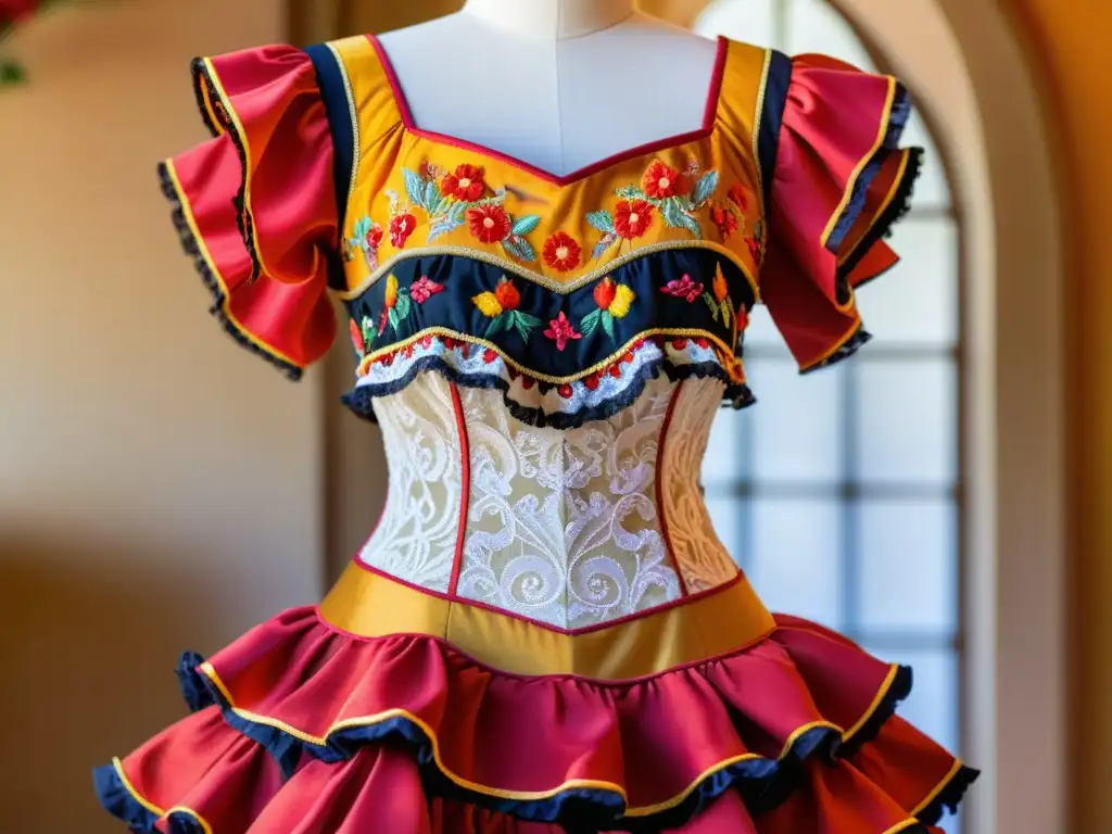 Una réplica detallada de vestimenta de danza: un vestido de flamenco vibrante y ricamente bordado con intrincados diseños florales en rojos, naranjas y dorados
