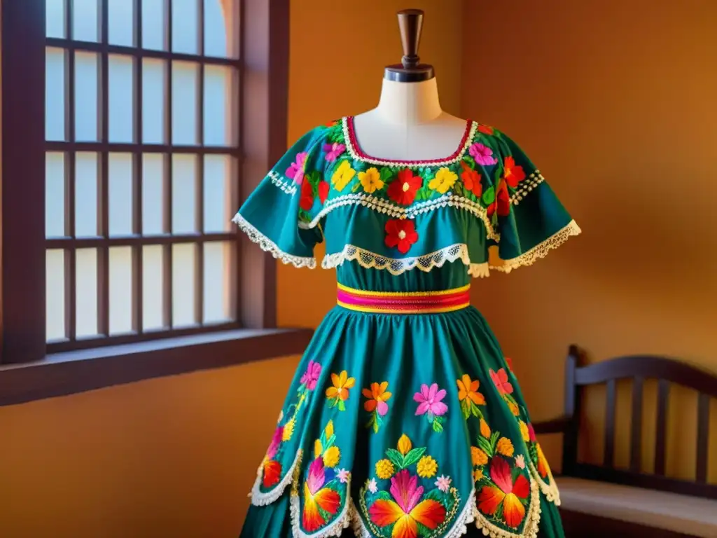 Una réplica de vestimenta de danza mexicana, ricamente bordada con colores vibrantes y patrones florales, iluminada por una cálida luz natural