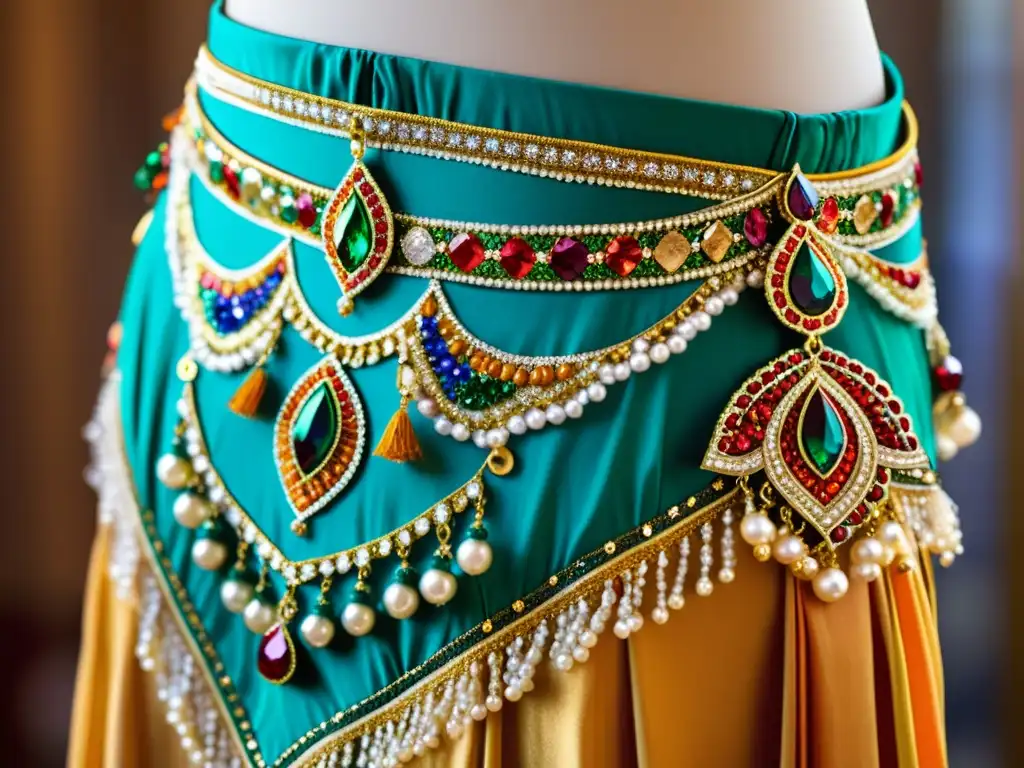 Una réplica de vestimenta de danza tradicional exhibe elegancia cultural con detallados bordados, lentejuelas y vibrantes colores