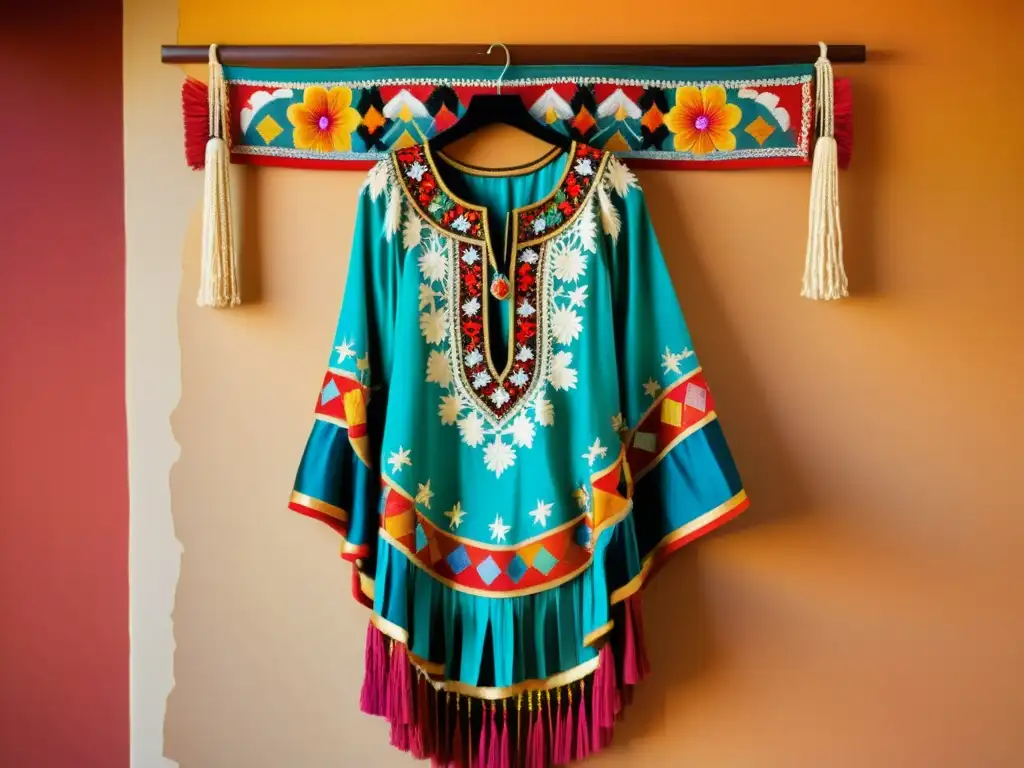 Réplicas de vestimenta de danza coloridas y detalladas enmarcadas en una escena cálida y rica en texturas y elementos decorativos artísticos