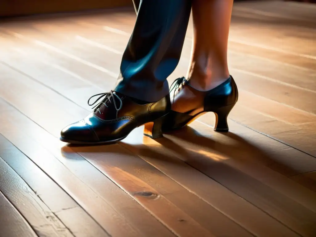 Una representación detallada del estilo íntimo del tango milonguero, capturando la pasión y precisión de los bailarines en una milonga