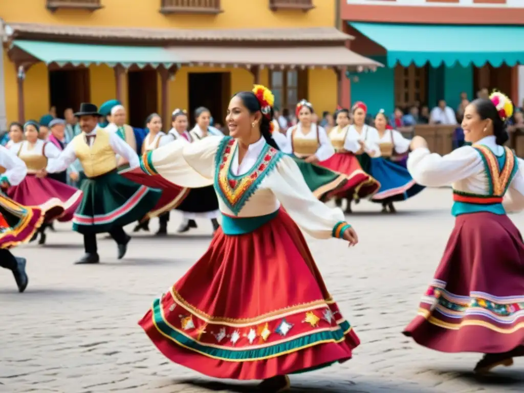 Una representación detallada en 8k de la tradicional danza chilena Cueca, con bailarines y una multitud animada celebrando su significado cultural