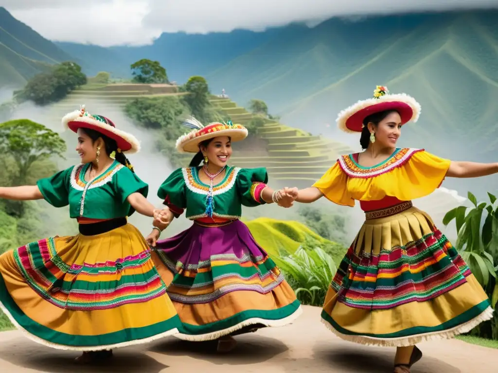 Resonancia de la danza tradicional en Guatemala: Dancers llevan trajes vibrantes y realizan una animada danza folclórica en un paisaje exuberante