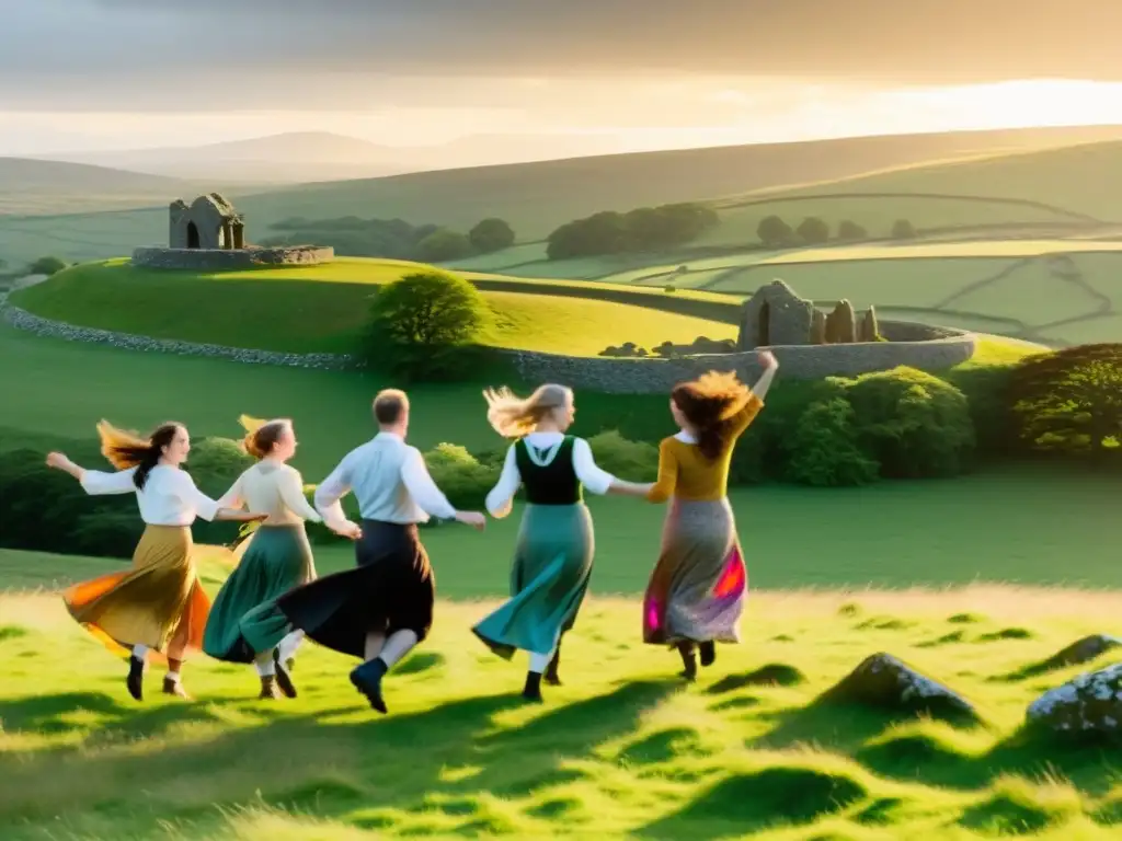 Retiro de danza celta en Irlanda: Bailarines celebran al atardecer en un campo verde con ruinas antiguas al fondo
