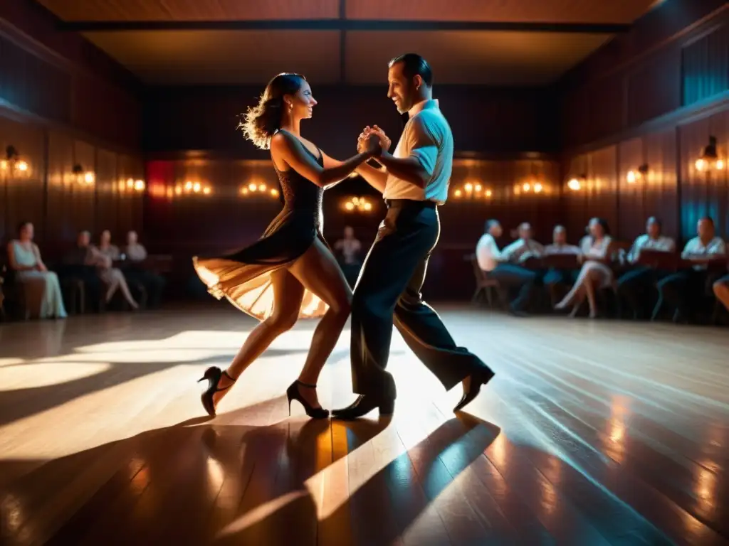 Retiros de danza tango argentino: Parejas bailando con pasión en un salón de tango iluminado, reflejando la elegancia y nostalgia del baile