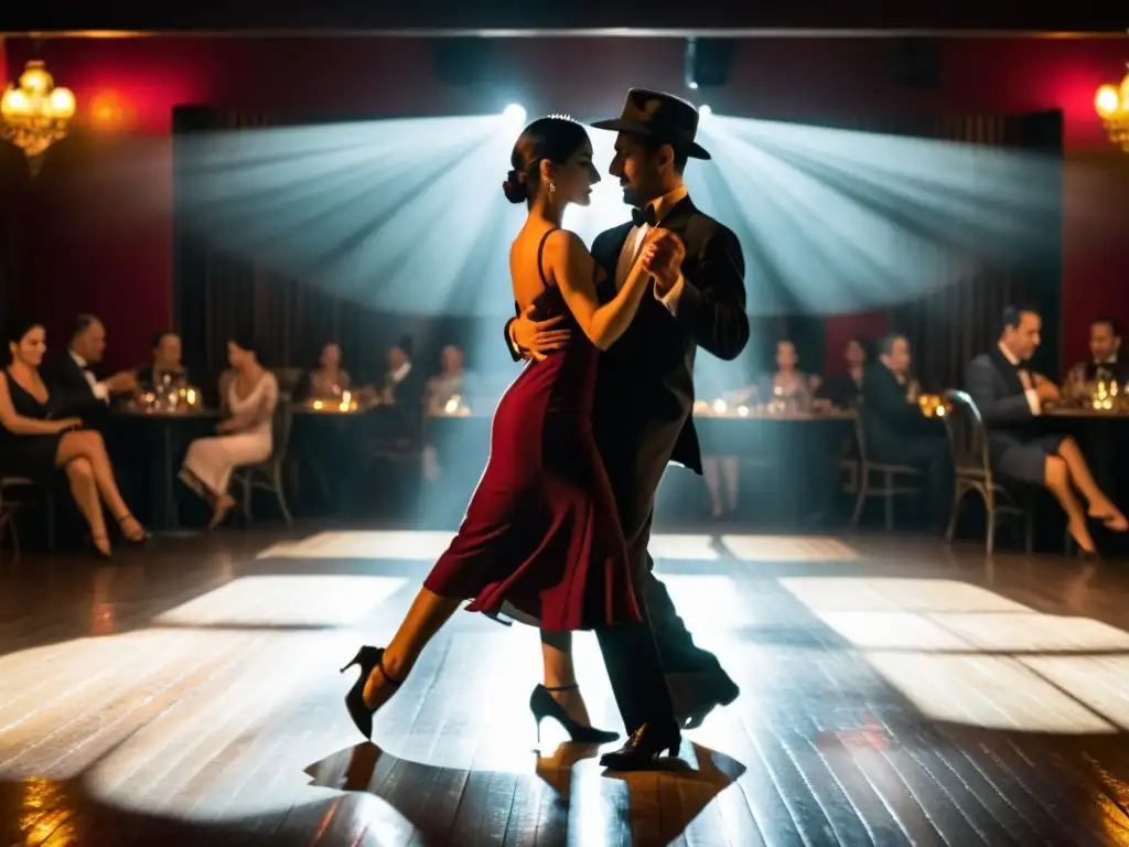 Retiros de danza tango argentino: Parejas elegantes bailan tango en un salón histórico de Buenos Aires, expresando pasión y emoción