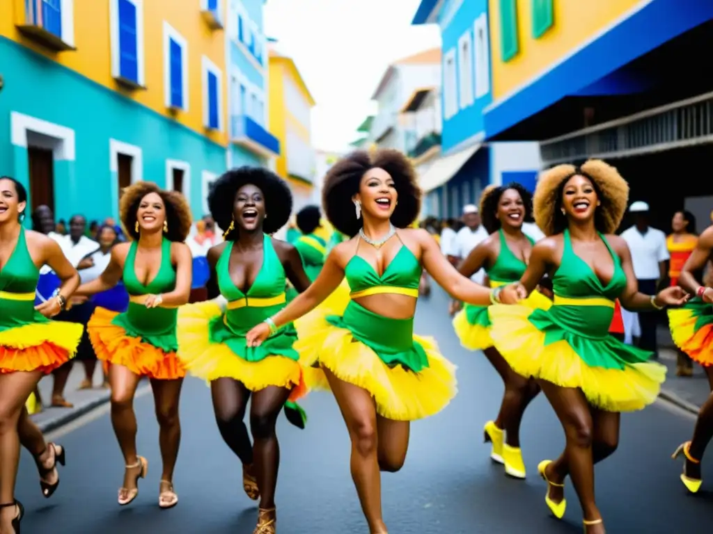 Samba en Salvador de Bahía: Explosión de color y alegría Retiros de danza en Salvador de Bahía: Grupo de bailarines en trajes tradicionales Afrobrasileños realizando un animado samba en las calles, rodeados de espectadores