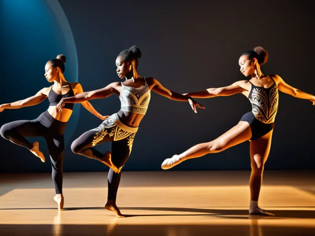 Retiros de danza contemporánea cultural: Bailarines pintados con diseños tradicionales en movimiento en estudio