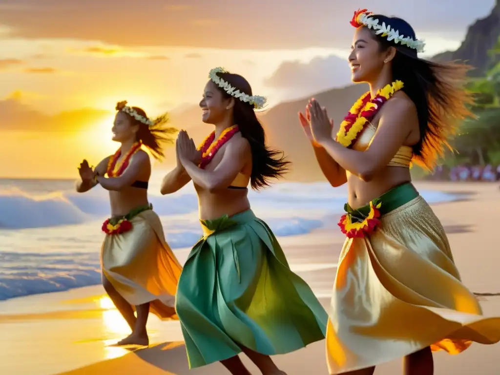 Retiros de danza hawaiana espiritual: Grupo bailando hula al atardecer en la playa, con el suave oleaje de fondo y una atmósfera serena y espiritual