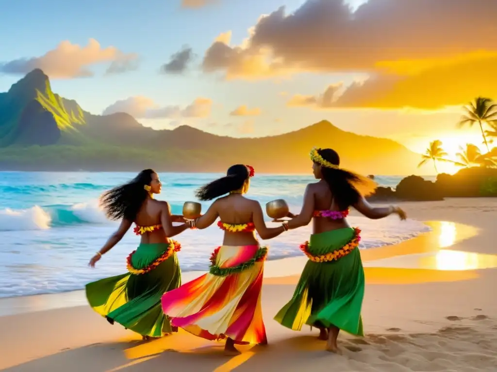 Retiros de danza hawaiana espiritual en una playa al atardecer, con una ceremonia de hula tradicional