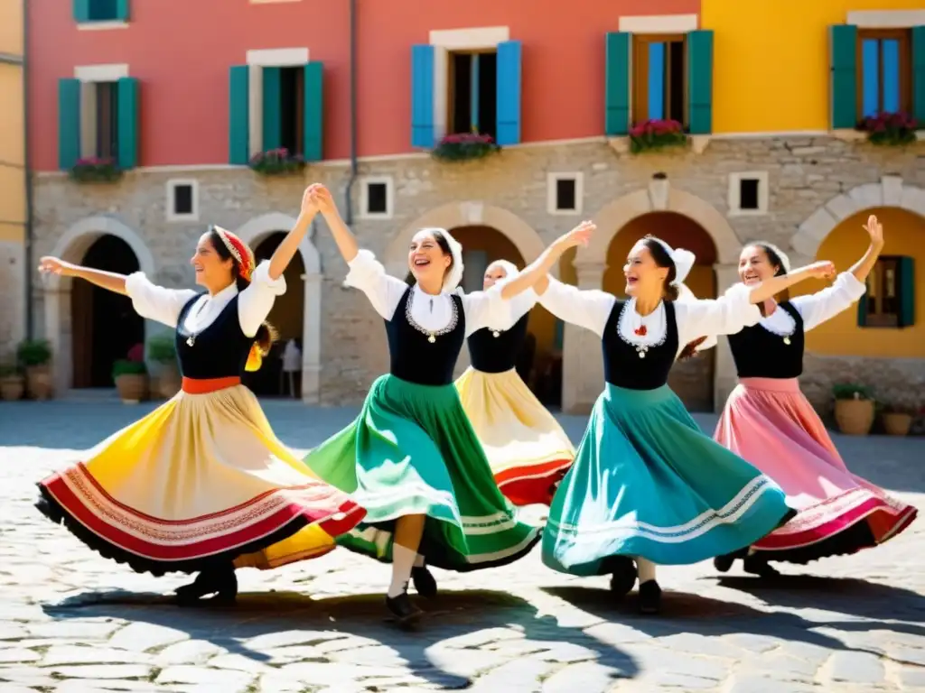 Retiros de danza y curación Italia: Mujeres bailando la tarantela bajo el sol en una plaza italiana, con alegría y coloridos trajes folklóricos