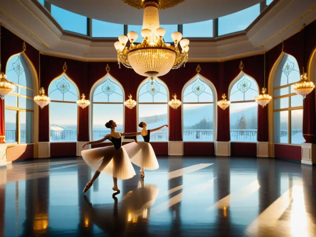 Retiros de danza tradicional en Rusia: Bailarines de ballet en trajes rusos practican con gracia en un salón opulento con vista a un paisaje nevado