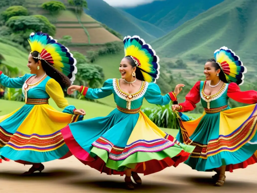 Retiros de danza tradicional en Colombia: Bailarines con trajes coloridos bailando al ritmo de la cumbia en un paisaje verde exuberante