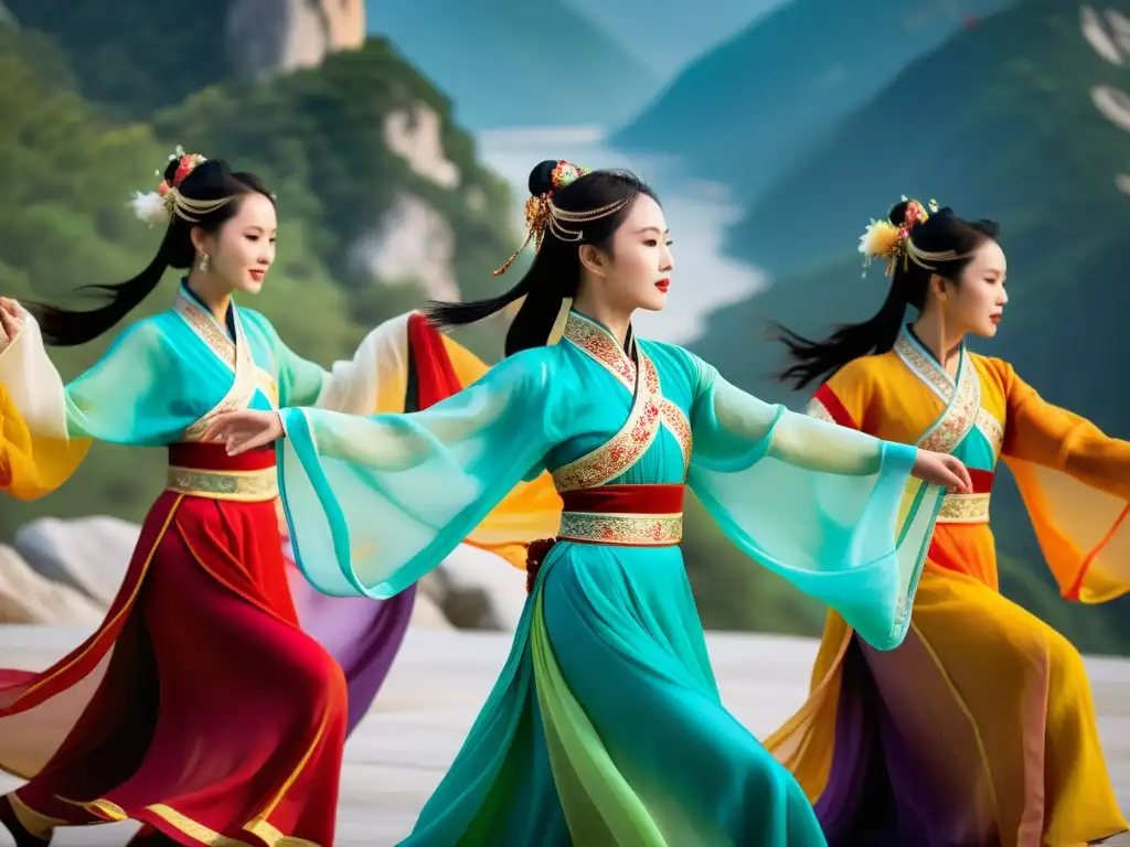 Retiros de Danza Tradicional China: Bailarines chinos en trajes vibrantes realizan movimientos elegantes frente a una montaña cubierta de niebla