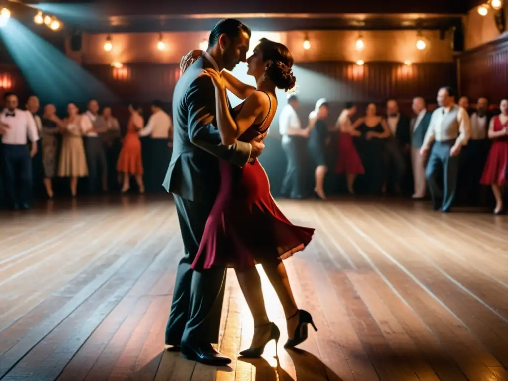 Retiros de Tango en Buenos Aires: Parejas bailando tango en un club histórico iluminado de manera cálida, transmitiendo pasión y tradición