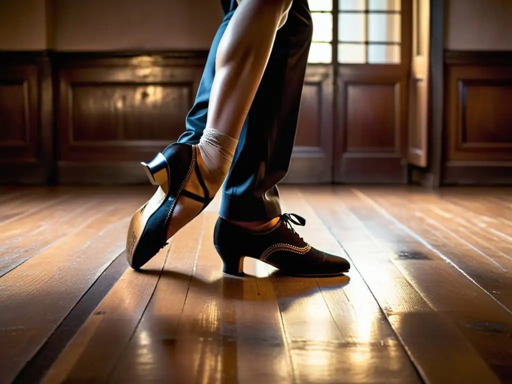 Retiros de Tango en Buenos Aires: Pies de bailarines de tango deslizándose elegantemente en una pista de baile de madera desgastada, capturando la pasión y la esencia del tango en una atmósfera íntima y conmovedora