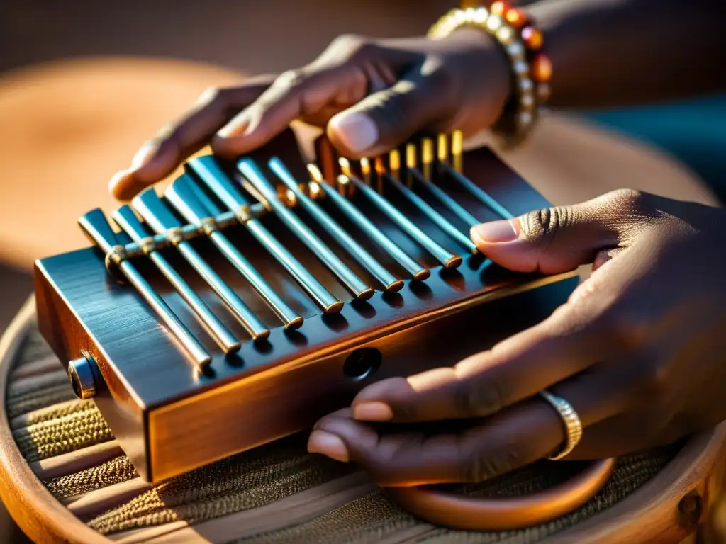 Un retrato cercano de manos tocando con destreza las tinas de un kalimba africano, destacando la técnica y el arte