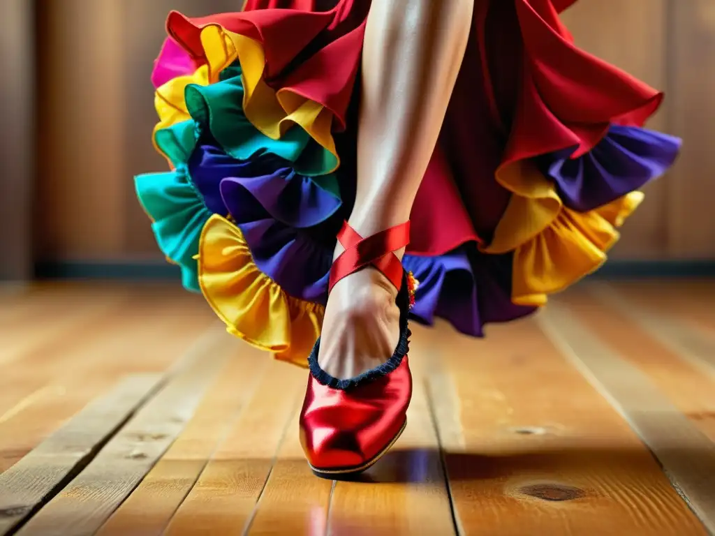 Un retrato detallado en alta resolución de los pies de una bailarina de flamenco con zapatos coloridos y detallados, golpeando un escenario de madera