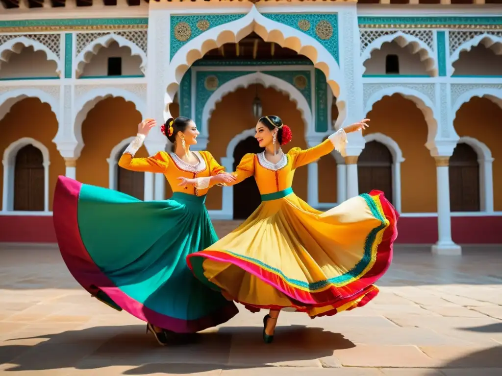 Un retrato detallado en 8k de la danza tradicional andaluza, La Cachucha, con vestidos vibrantes, pasos intrincados y expresiones apasionadas, enmarcados por la arquitectura histórica de Andalucía