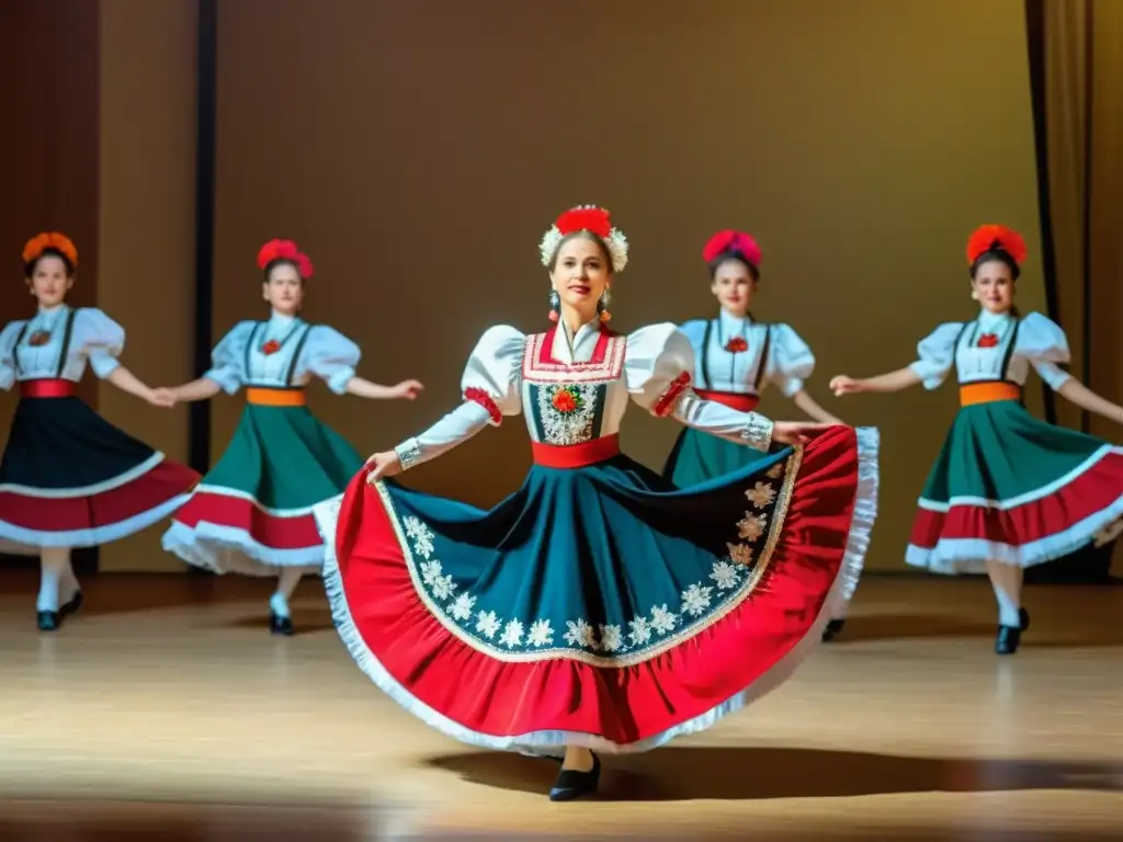 Un retrato 8K detallado de un grupo de baile polaco ejecutando la elegante y distintiva Polonesa, destacando la historia de la Polonesa tradicional