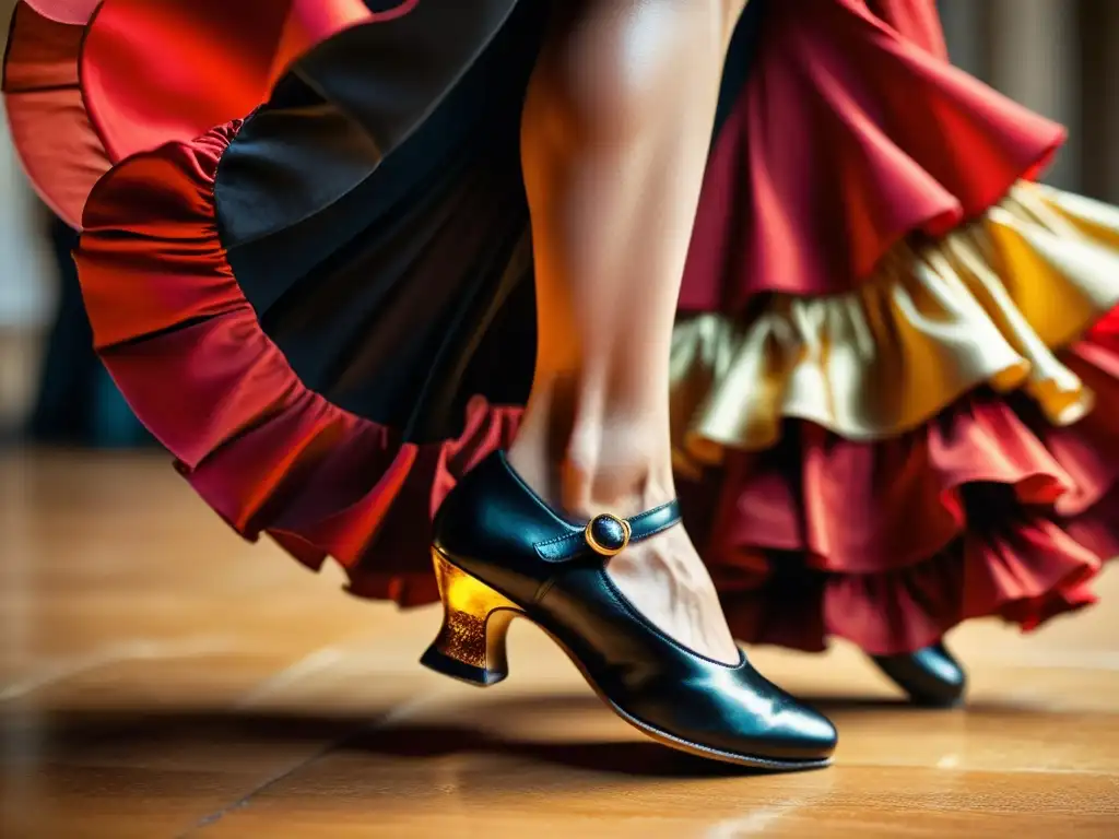 Un retrato detallado de los pies de un bailaor de flamenco ejecutando un preciso y poderoso zapateado