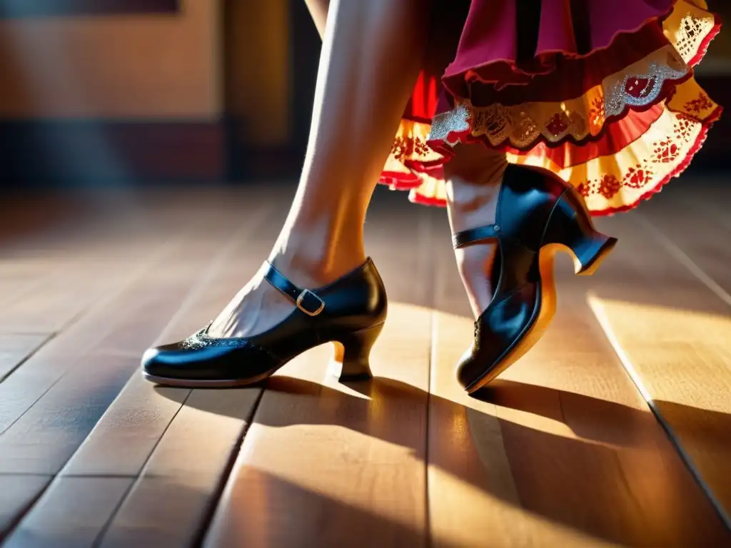 Un retrato detallado de los pies de un bailaor de flamenco con zapatos tradicionales, marcando el ritmo en un suelo de madera