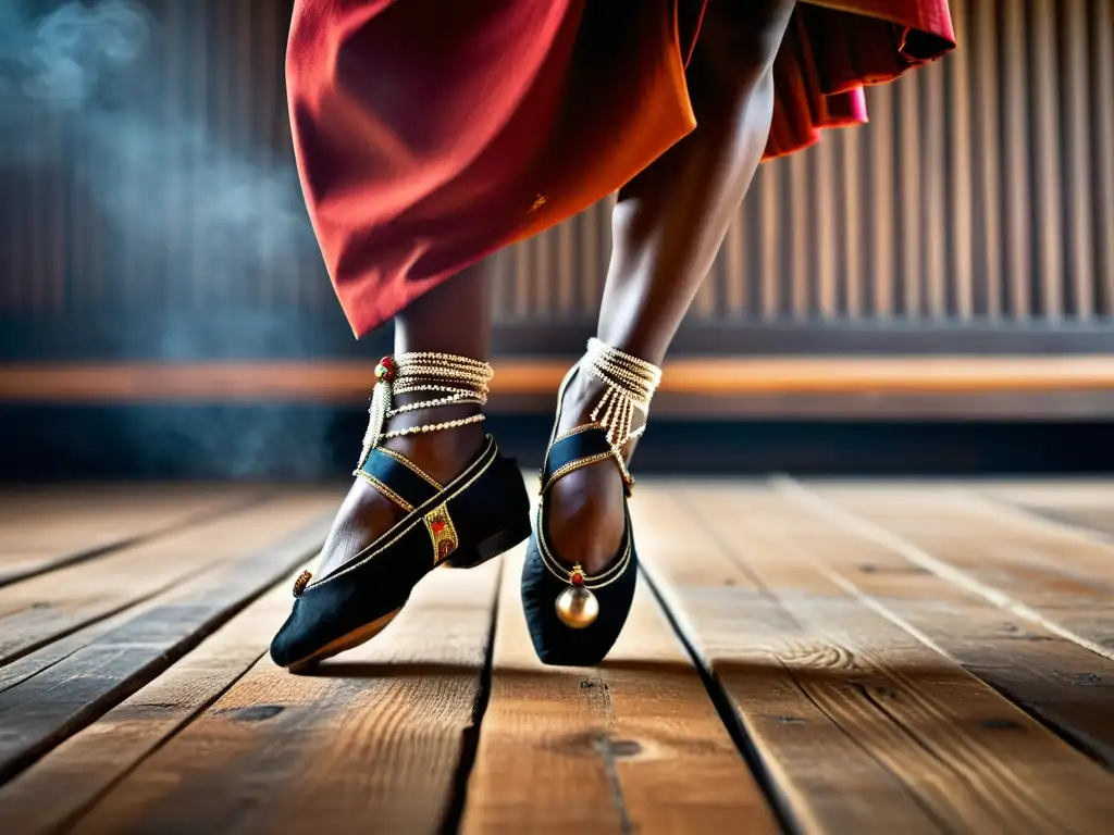 Un retrato detallado de los pies de un bailarín tradicional, con cascabeles ornamentados, danzando en un escenario de madera desgastada