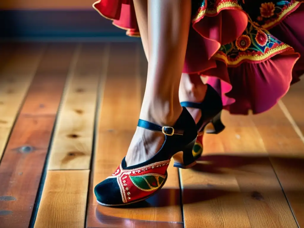 Un retrato detallado de los pies de una bailarina de flamenco en pleno paso, con zapatos tradicionales coloridos y vibrantes