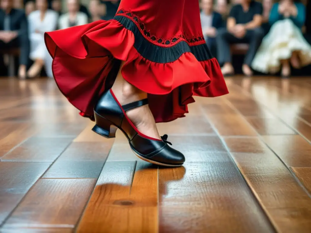 Un retrato detallado de los pies de una bailarina de flamenco ejecutando con maestría la técnica avanzada de zapateo