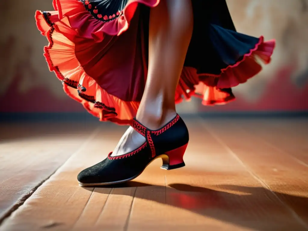 Un retrato detallado de las técnicas zapateado flamenco con los pies de un bailaor en pleno taconeo, mostrando pasión y energía con cada paso