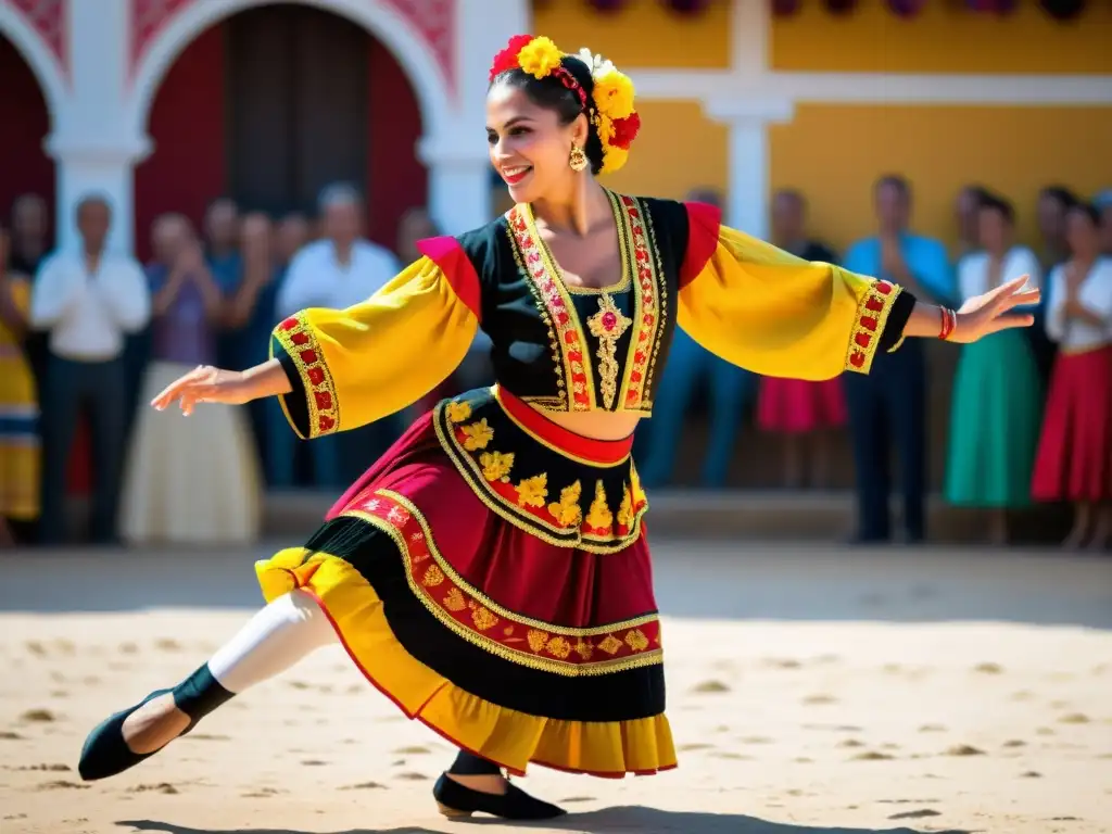 Un retrato dinámico de un bailarín de Fandango Portugués en pleno desempeño, capturando la riqueza cultural y la pasión de esta técnica folklórica