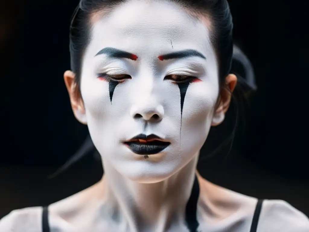 Retrato impactante de un bailarín de Butoh con expresión profunda