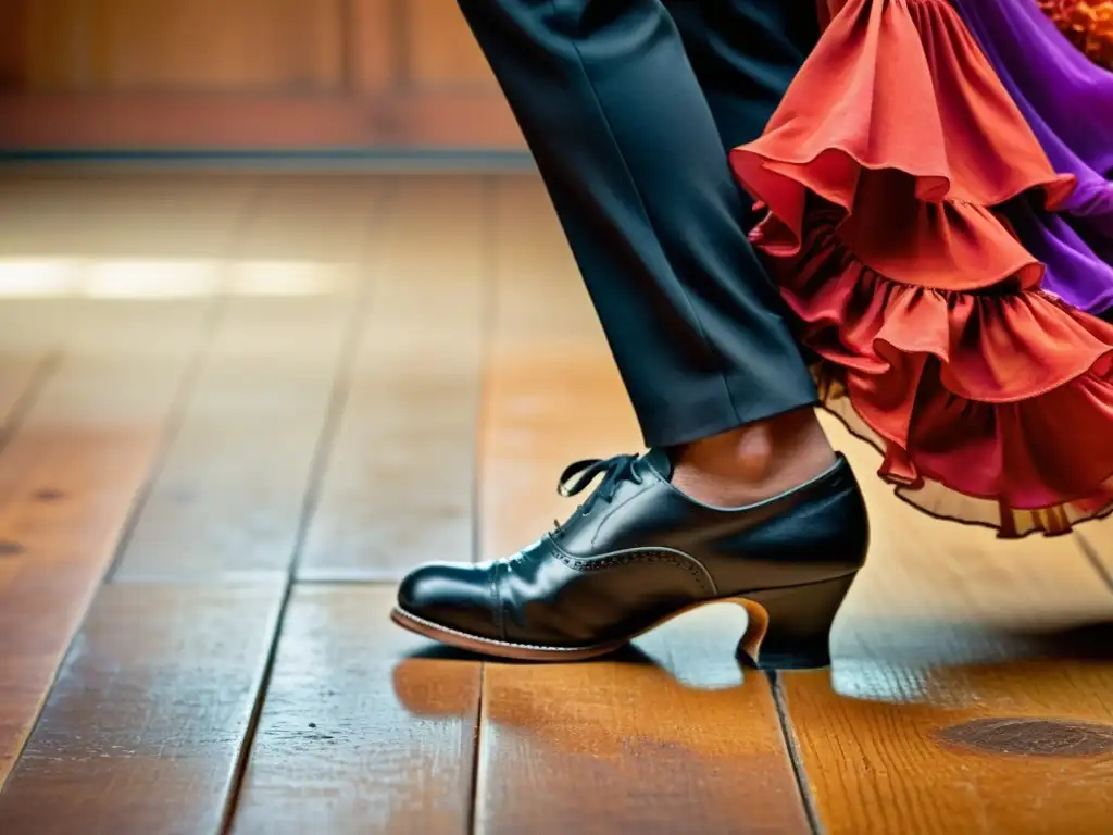 Un retrato intenso de un bailaor de flamenco realizando un zapateado en un escenario de madera, mostrando la pasión y energía de la danza flamenca