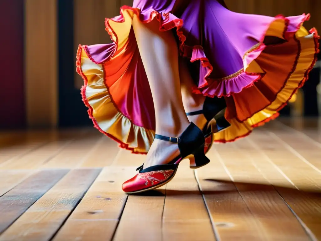 Un retrato íntimo de un bailaor de flamenco en pleno taller de baile flamenco técnica, con movimientos apasionados y expresión artística