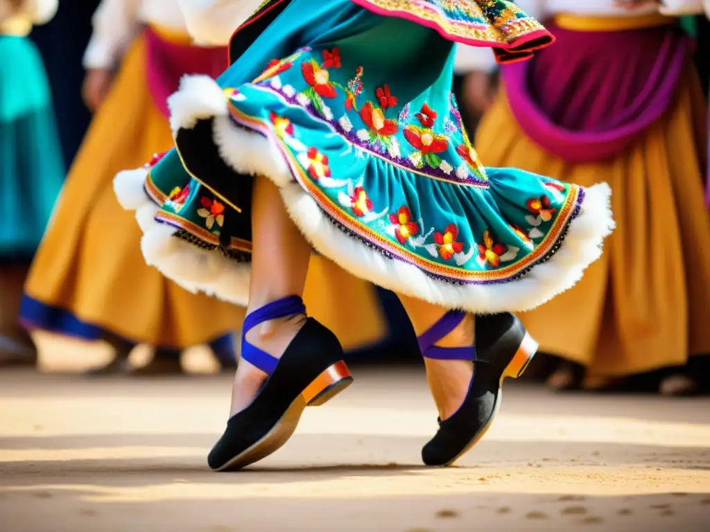 Un retrato de los pies de un bailarín folclórico con zapatos vibrantes y bordados, en medio de una enérgica actuación